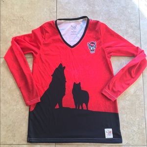 Women's Red V-Neck Long Sleeve Tee with Black Wolf Graphic